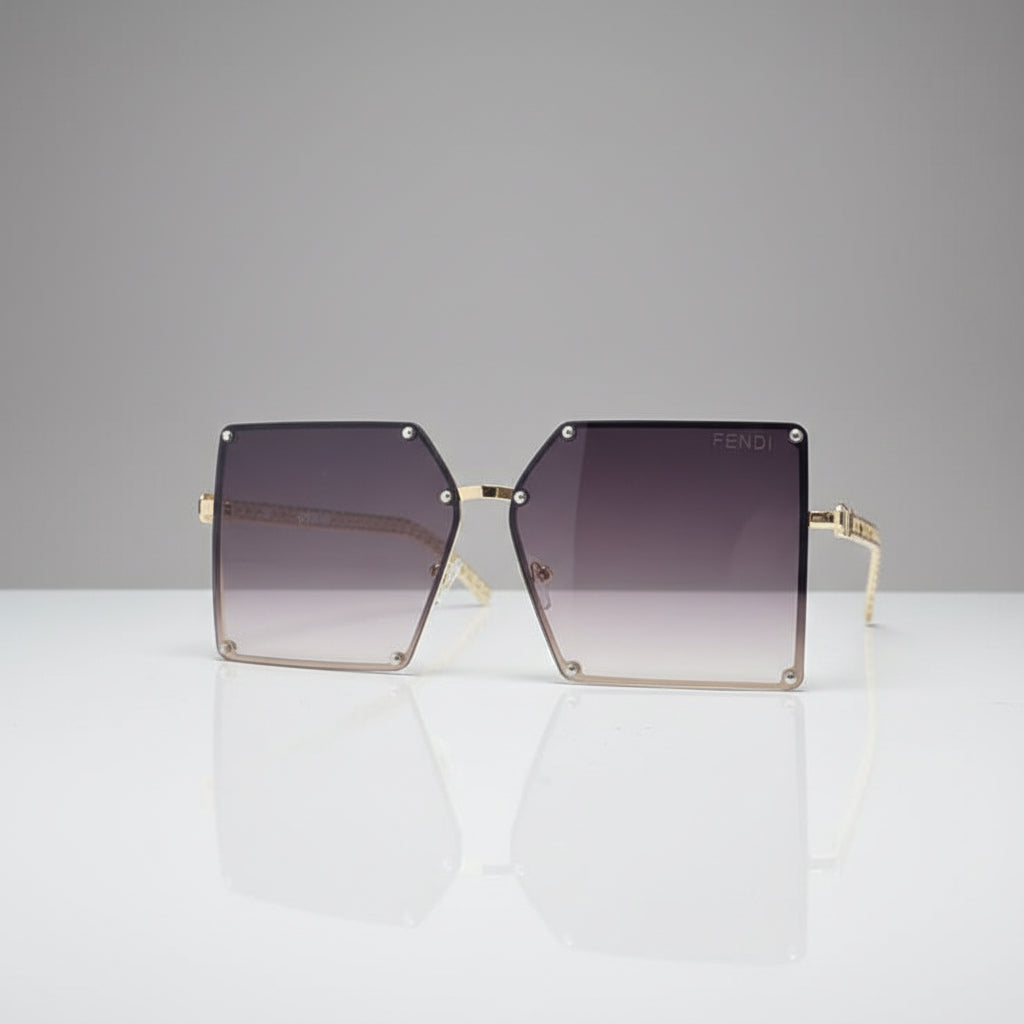 Oversized square sunglasses with gradient purple lenses and gold metal frames, displayed on a reflective white surface against a white background.