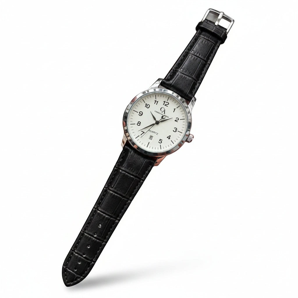A wristwatch with a silver-tone case, white dial, and black crocodile-embossed strap, held in a person's hand against a gray textured background.