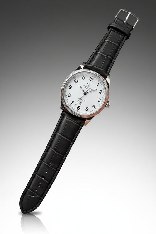 A wristwatch with a black textured leather strap, a silver-tone case, and a white dial with black Arabic numerals. The brand name 'Crown Royal' is visible on the dial.